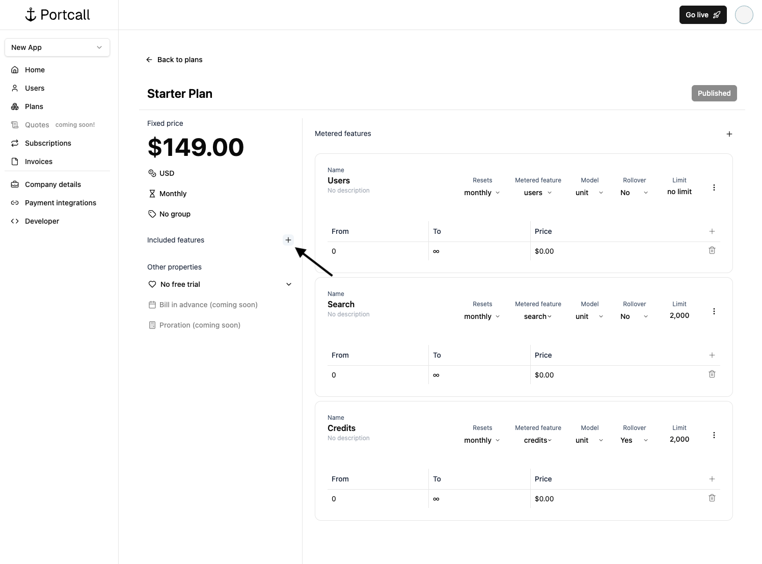 Add feature by clicking on the + button
