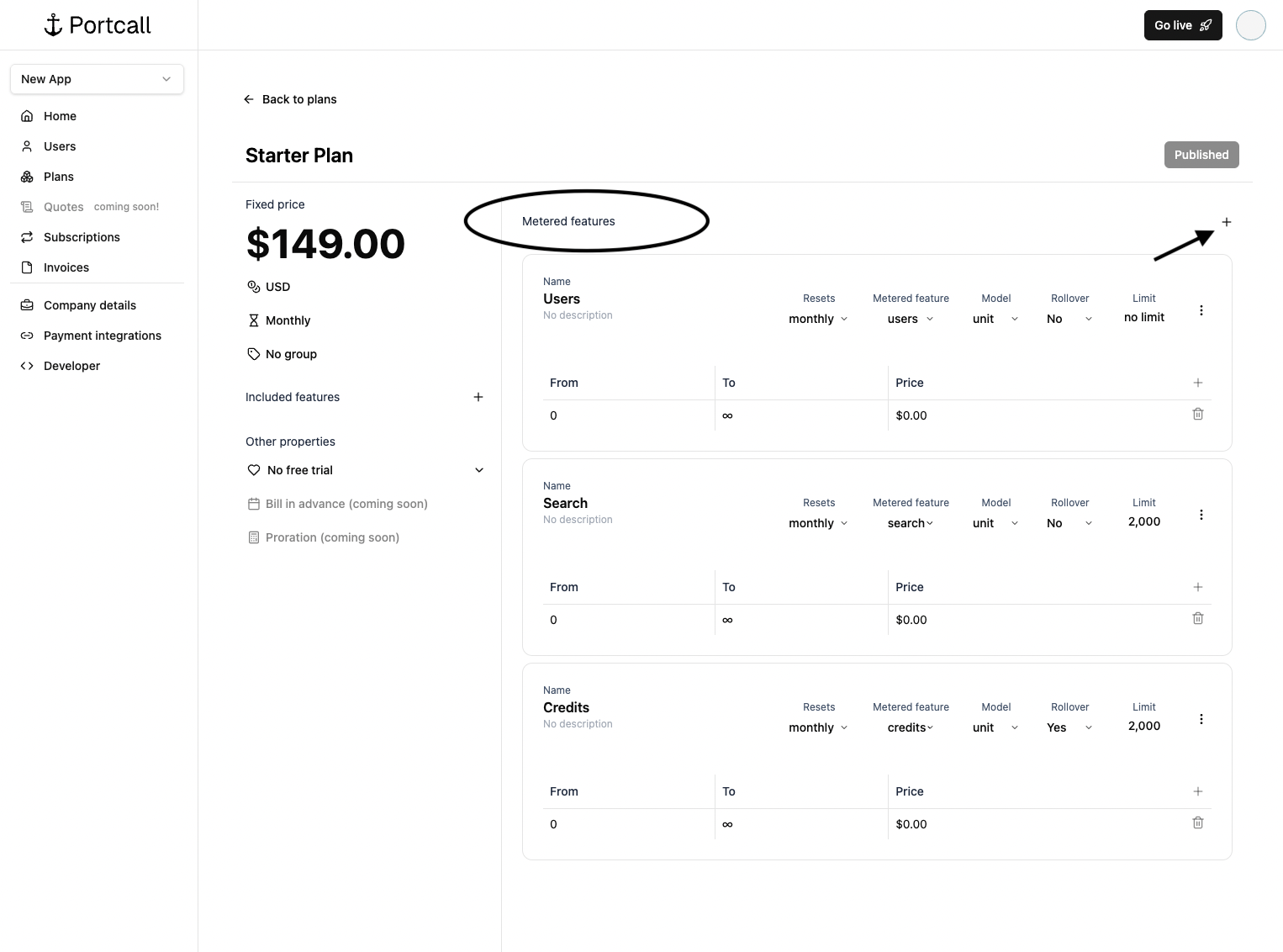 Add metered features in the Portcall dashboard