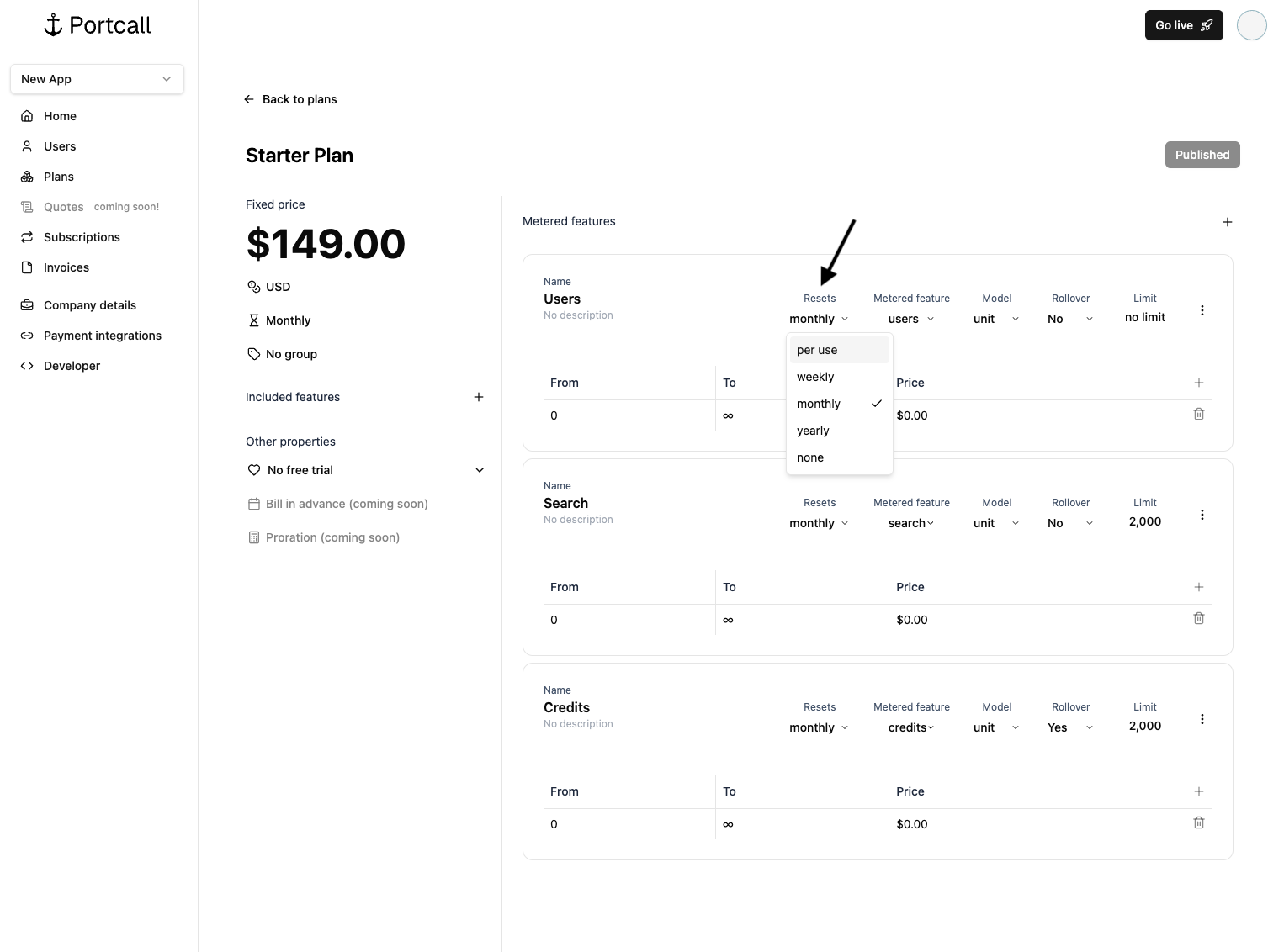 Metered feature reset logic