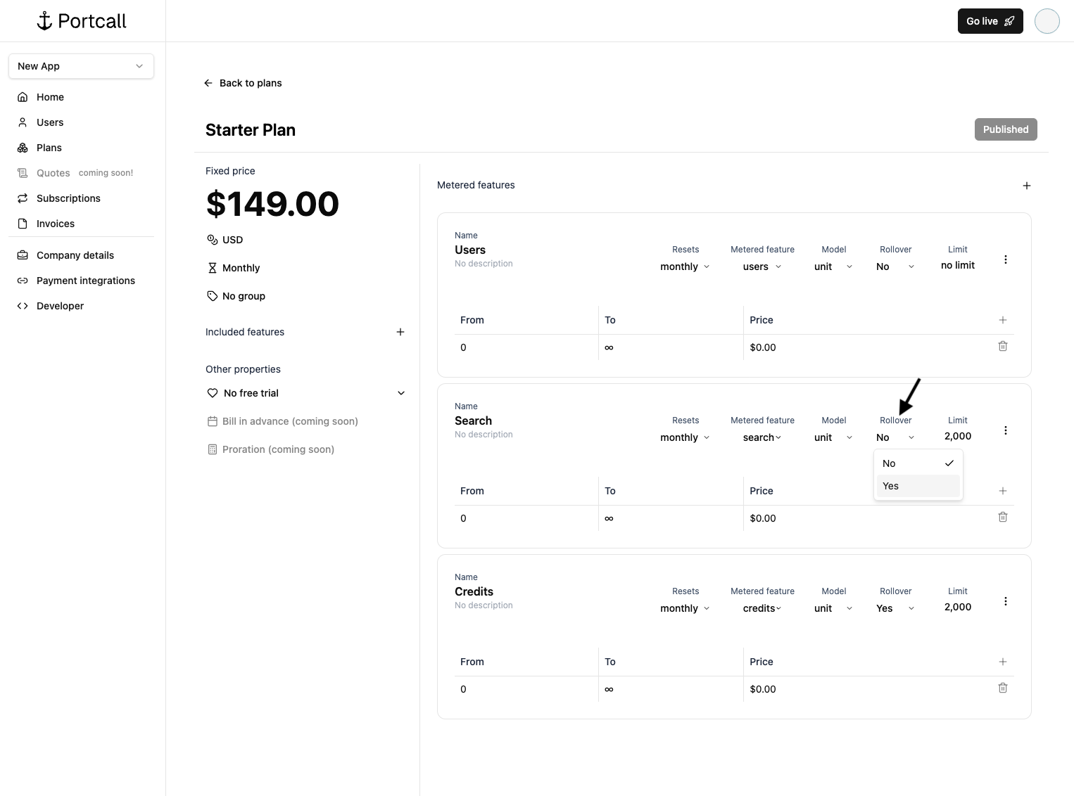 Metered feature rollover logic